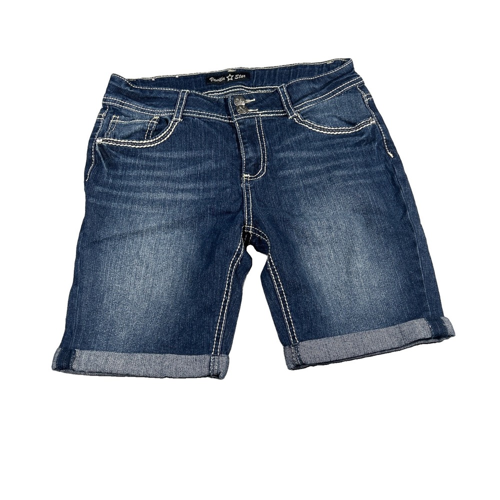 Vanilla Star Girls 12 1/2 Denim Shorts Blue Embroidered Cuffed Adj Waist 0417